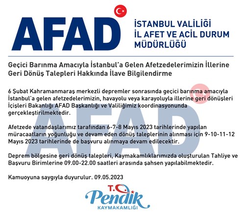 İstanbul’a gelen afetzedelerimizin illerine geri dönüşleri ile ilgili duyuru;
